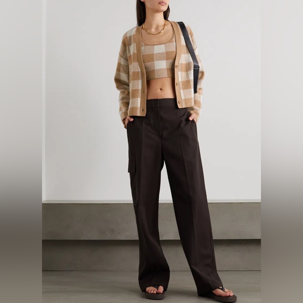 Reformation XS Fonte Plaid Tank and Cardigan Set Recycled Cashmere Camel